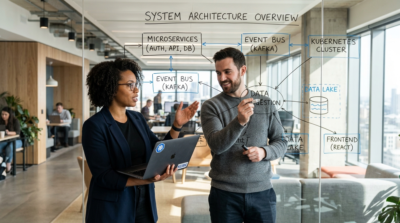 Software Developers Reviewing System Architecture on Whiteboard